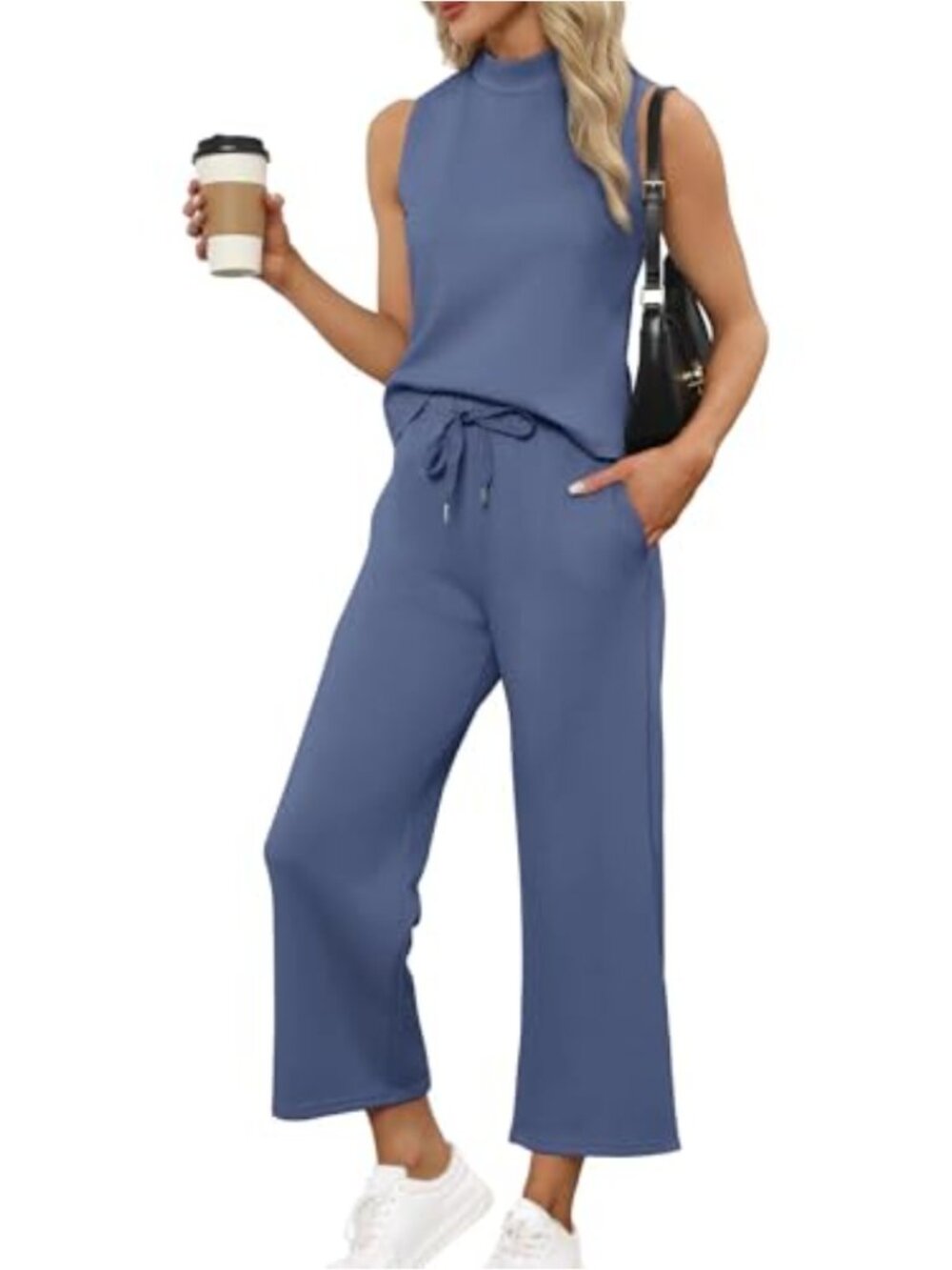 Two Piece Lounge Set Mock Neck Sleeveless Top Wide Leg Crop Pants Travel